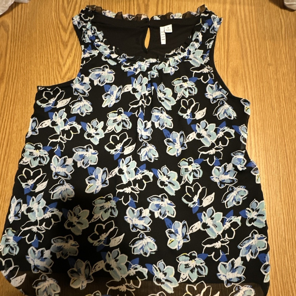Elle, Black With Blue Floral, Tank Top, Medium